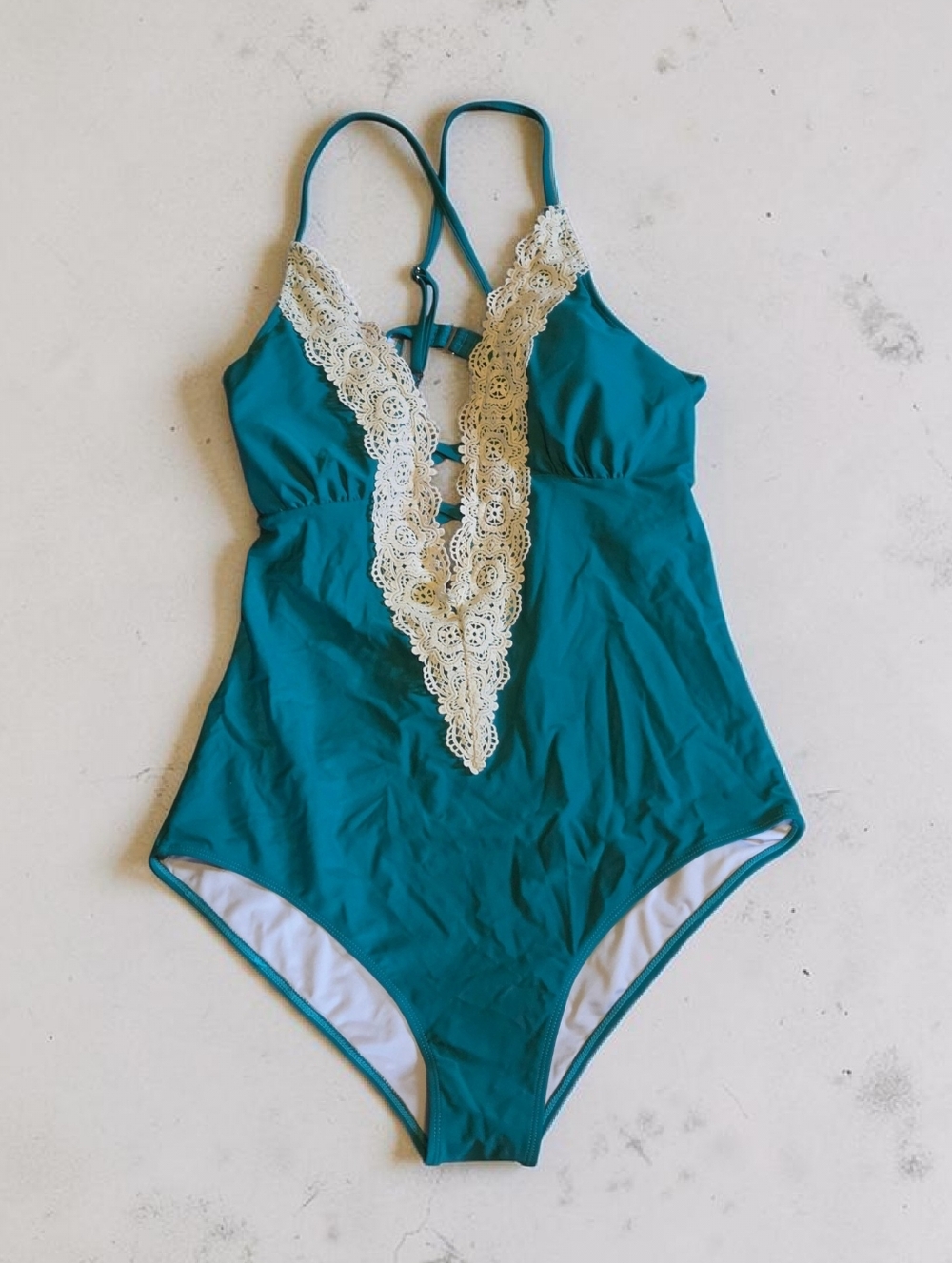 Teal One-Piece Swimsuit with Ivory Lace Plunge